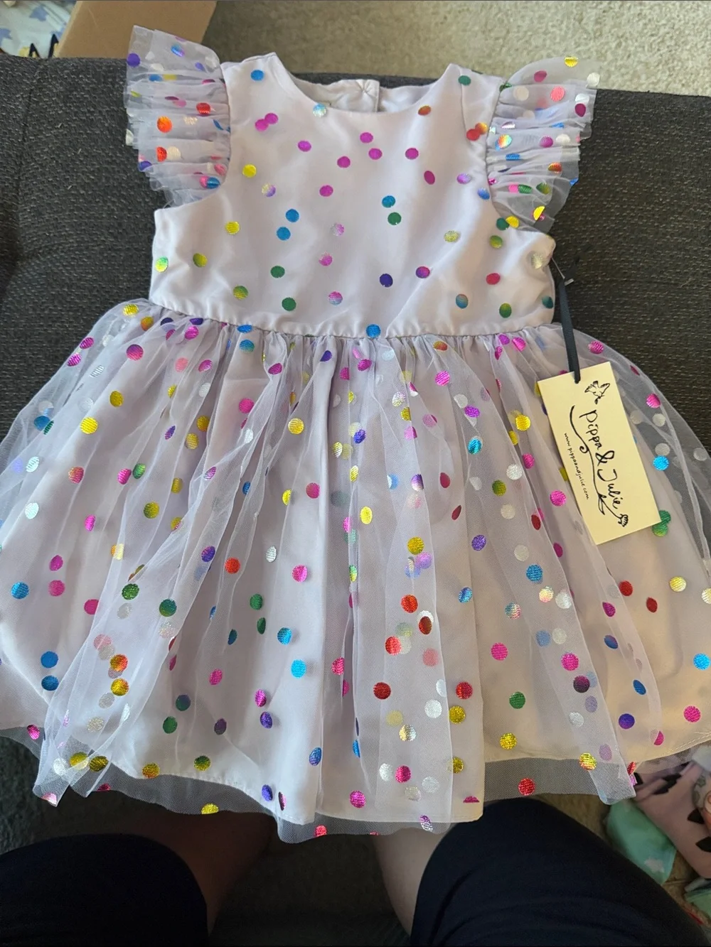 Pippa & Julie White Tulle Dress with Multicolor Polka Dots